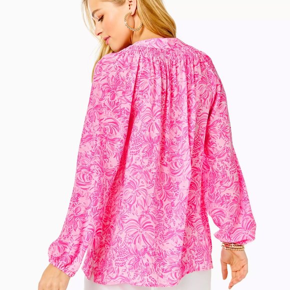 Lilly Pulitzer $178 Elsa Silk Top, Pink Blossom Foxy Llama, Size L - Picture 2 of 5